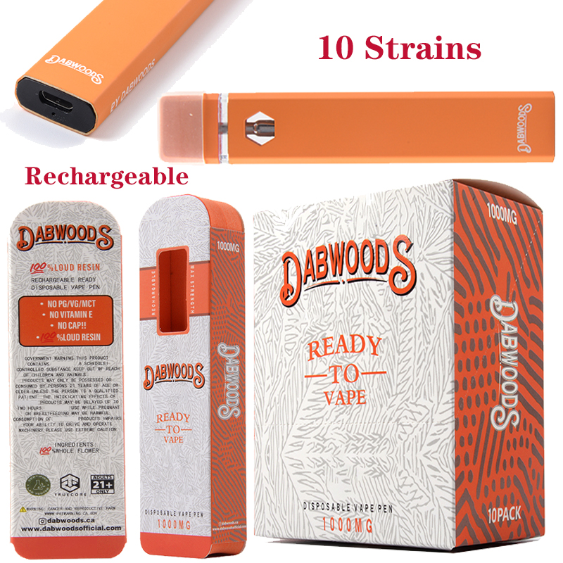 

High Quality Dabwoods Rechargeable E Cigarette 10 strains Disposable Vape Pen 1.0ml 280mah Pod Disposables Empy Oil Starter Kits USB Micro Preheating