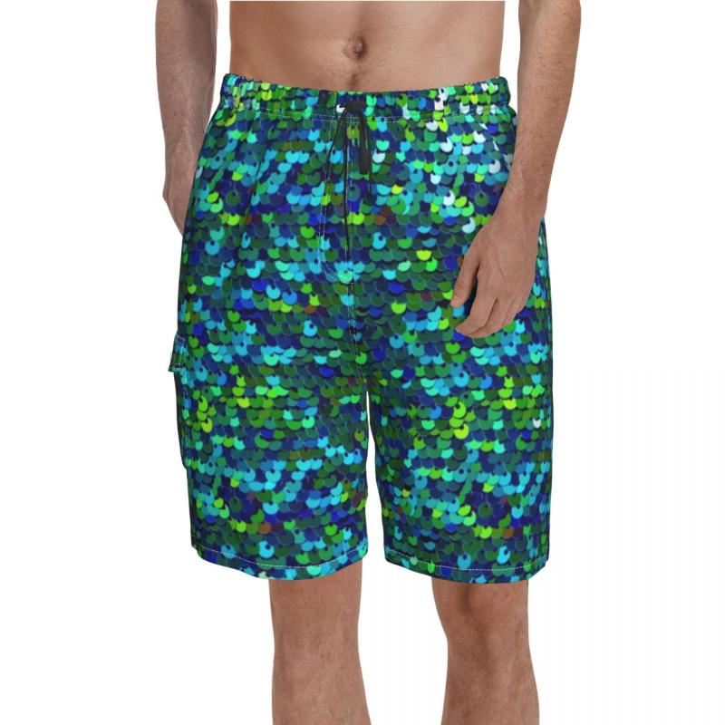 

Men' Shorts Emerald Sequins Pattern Board Green Glitter Design Beach Short Pants Males Elastic Waist Comfortable Swimming Trunks
