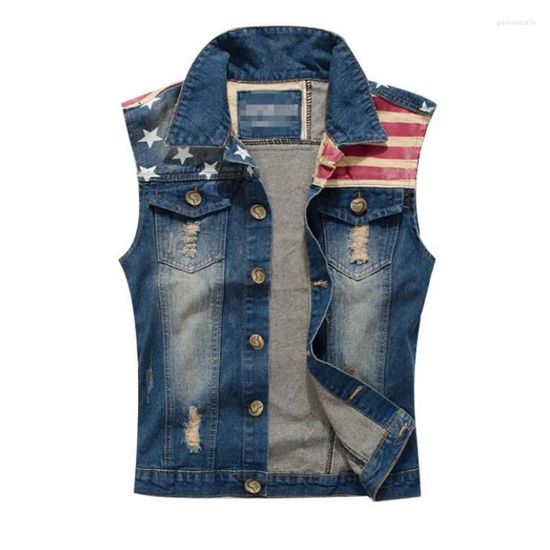 

Men's Vests Plus Size 5XL American Flag Casual Cotton Jeans Sleeveless Jacket Men Dark Blue Denim Cowboy Vest Mens Guin22, As pic