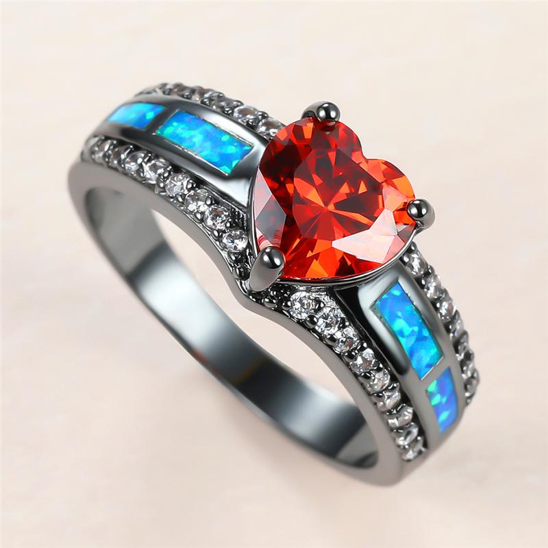

Wedding Rings Dainty Female Red Heart Crystal Ring Charm 14KT Black Gold Big For Women Luxury Bride Blue Opal Engagement RingWedding