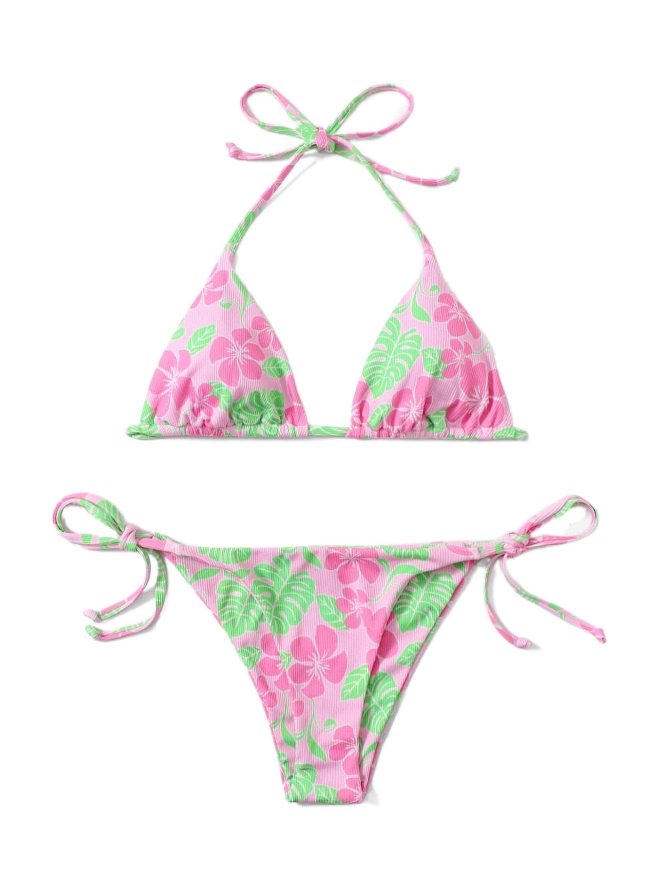 

random Tropical Print Triangle Tie Side Halter Bikini Swimsuit 8950#, Multicolor