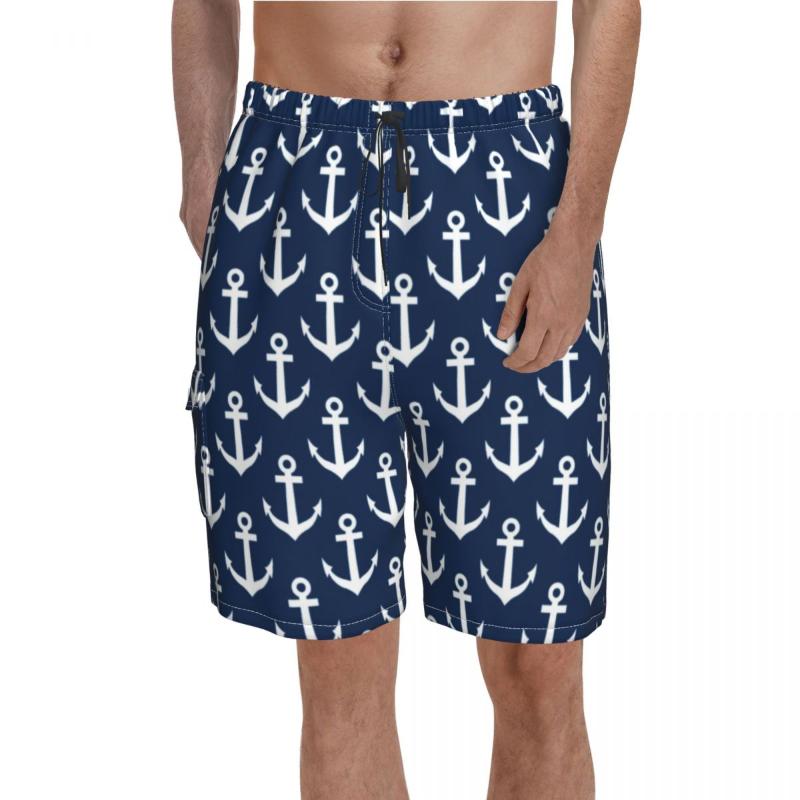 

Men' Shorts Navy Blue Nautical Board High Quality Ship Anchor Pattern Printed Beach Males Drawstring Funny Swim TrunksMen