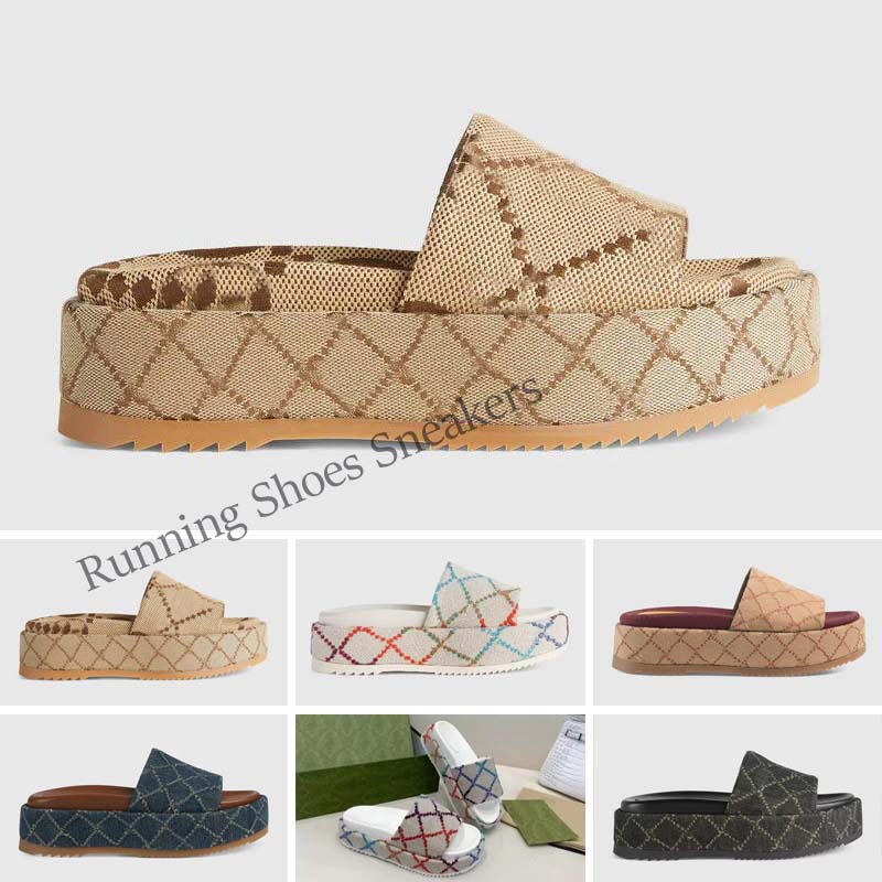 

Designer Platform Sandals Slippers Embroidered Fashion Summer Canvas Women Slides Platforms Slider Beach Flip Flops size 35-46, Color 1