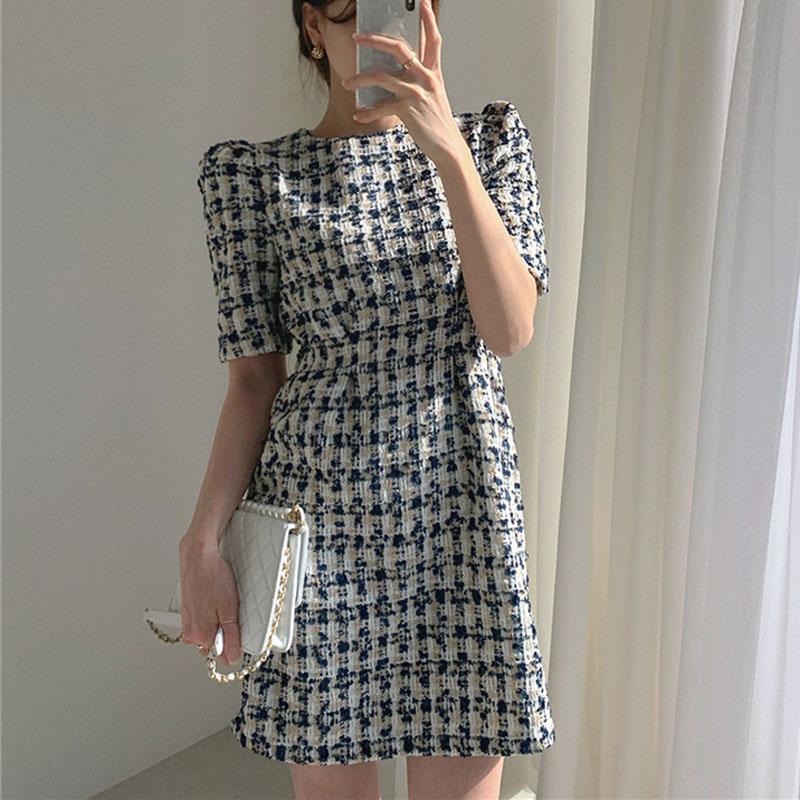 

Casual Dresses Women' Summer Fashionable High Waist Puff Sleeve Plaid Knitted Elegant Party Checkered Vintage Mini Women Dress, Blue
