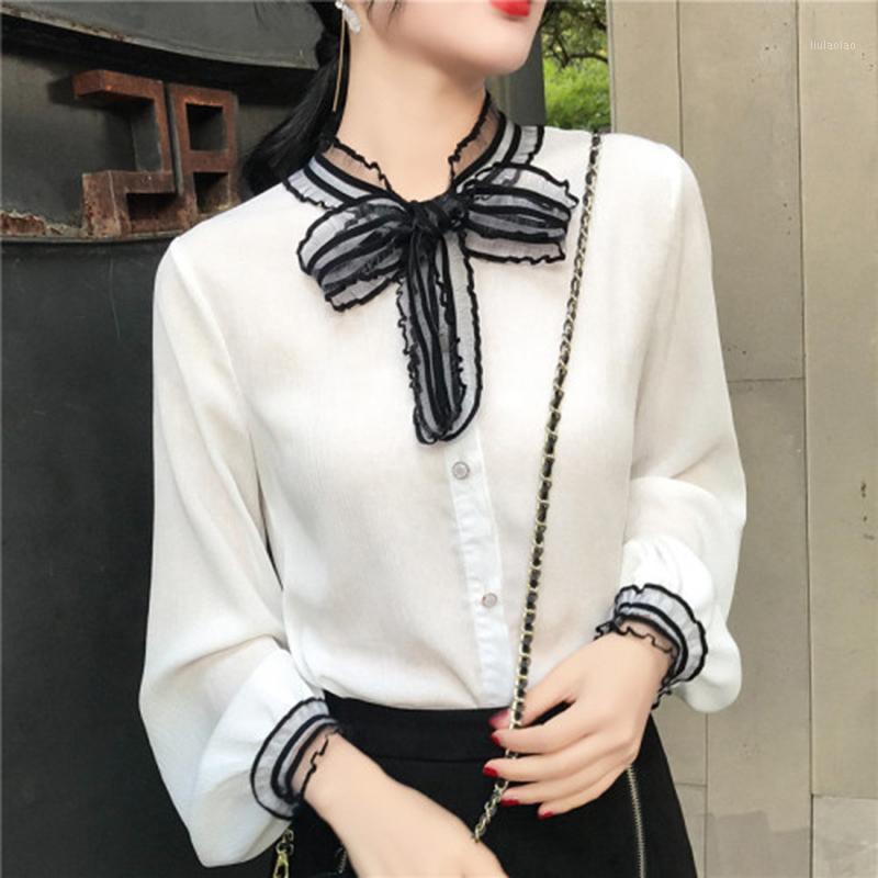 

Women' Blouses & Shirts Arrival Korea Fashion Women Long Sleeve Chiffon All-matched Office Lady Bow Sweet Cute White Blouse Female Tops S39
