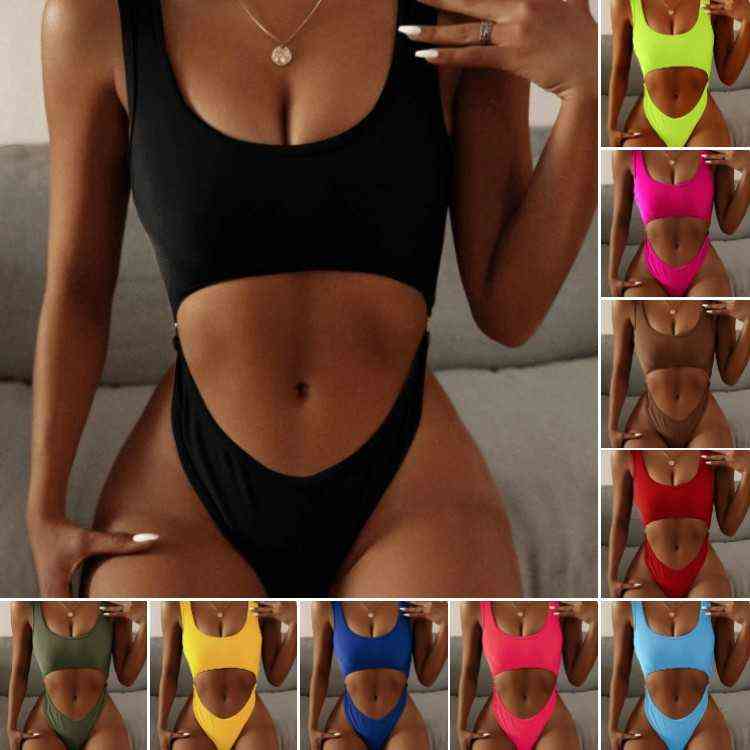 

Sexy Multicolor Hollow Out Triangle Solid Color One-piece Swimsuit Women' Bikini Swimsuit, Black