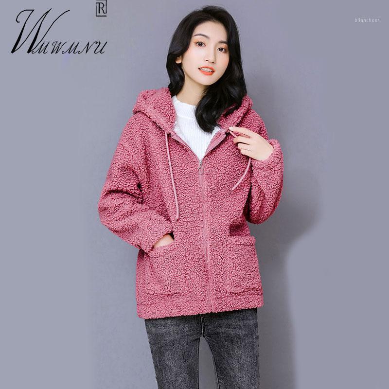

Women's Jackets Plus Size Loose Wool Coat Women Hooded Autumn Winter Warm Soft Lamb Jacket Fashion Thick Zipper Big Pocket Hoodie Cardigan, Pink