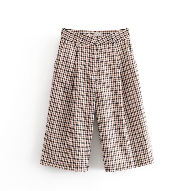 

this season womens fashionable allaround high waist long shorts thousand bird pattern casual pleated decorative short Y200512, Khaki