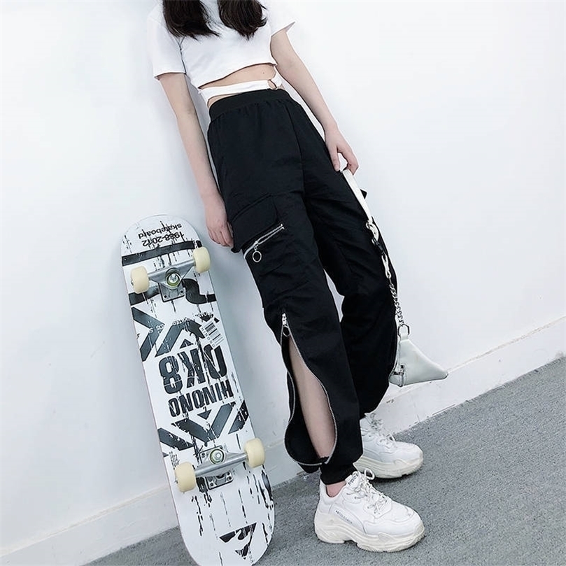 

EACHIN Women Fashion Zipper Cargo Pants Black Elastic Waist Loose Streetwear Jogger Trousers Female Plus Size Casual Sport Pants 201228