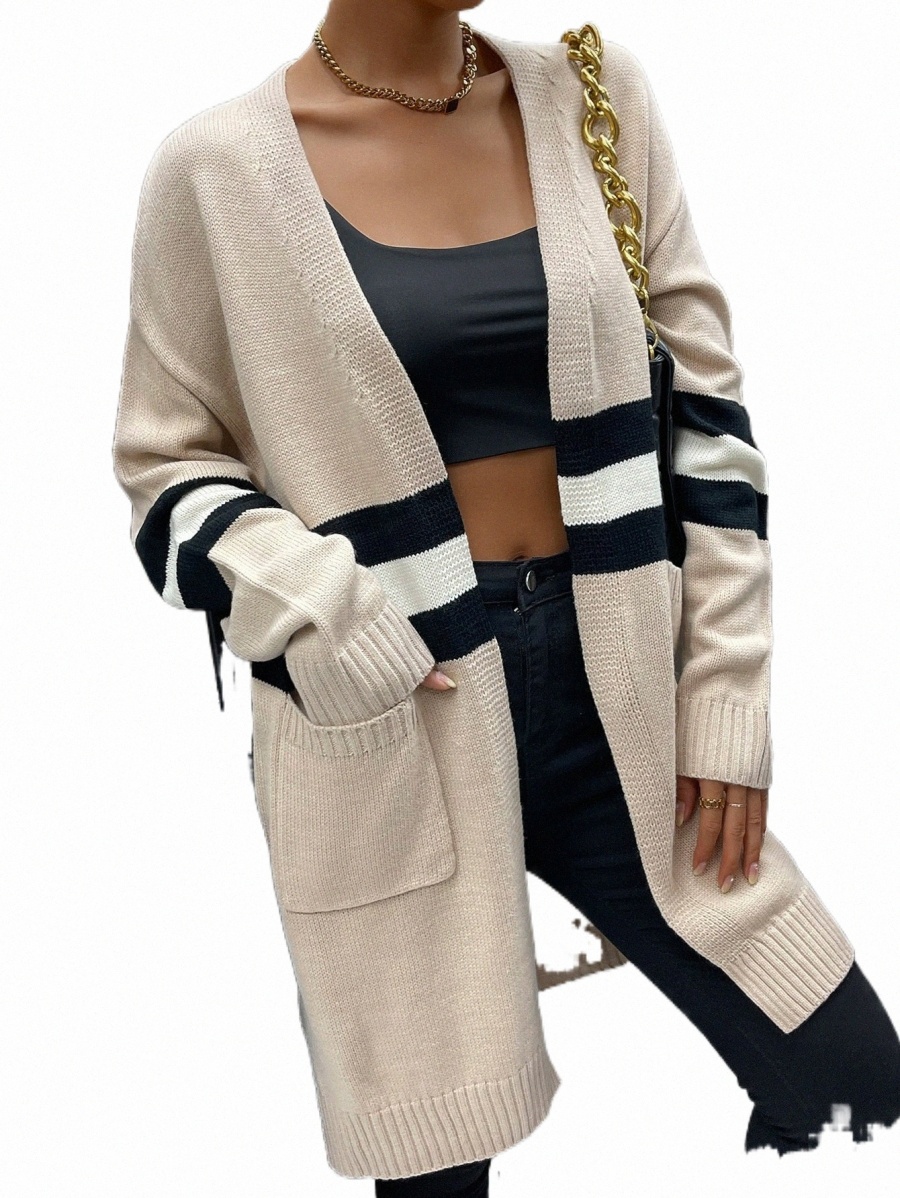 

color Block Double Pocket Drop Shoulder Slit Hem Duster Cardigan R8di#, Khaki