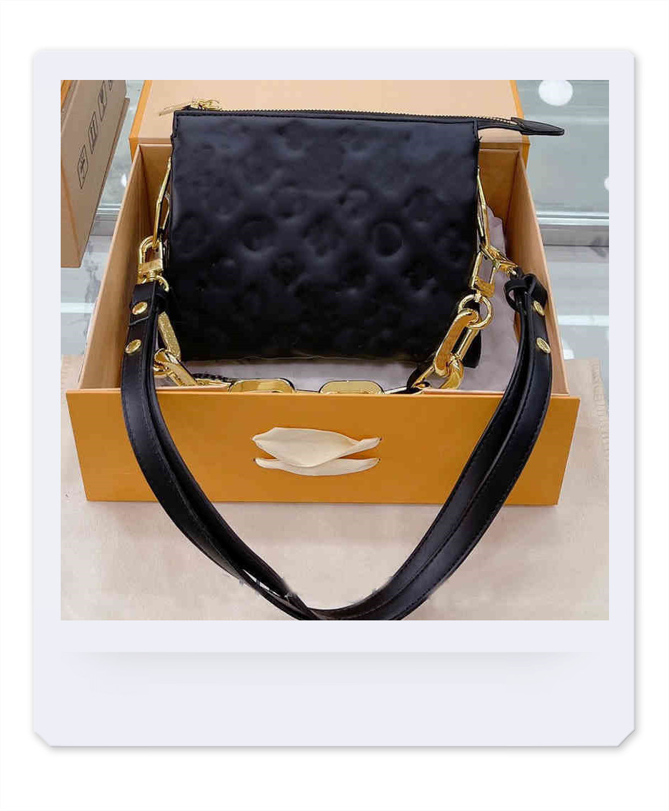 

LVs Brand Crossbody Bag Mini Handbag Purse Puffy Lambskin Leather Embossed Letter Evening Clutch Bag Flap Chunky Golden Chain Removable Adj, Black