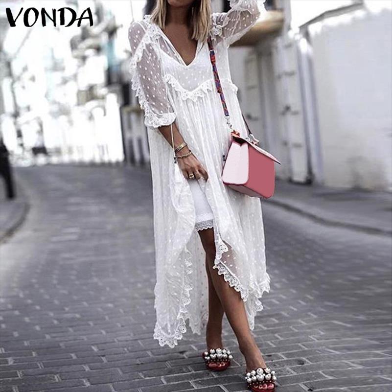 

Summer Women White Lace Dress Sexy V-neck Dot Hollow Asymmetrical Hem Holiday Cardigan Vestidos