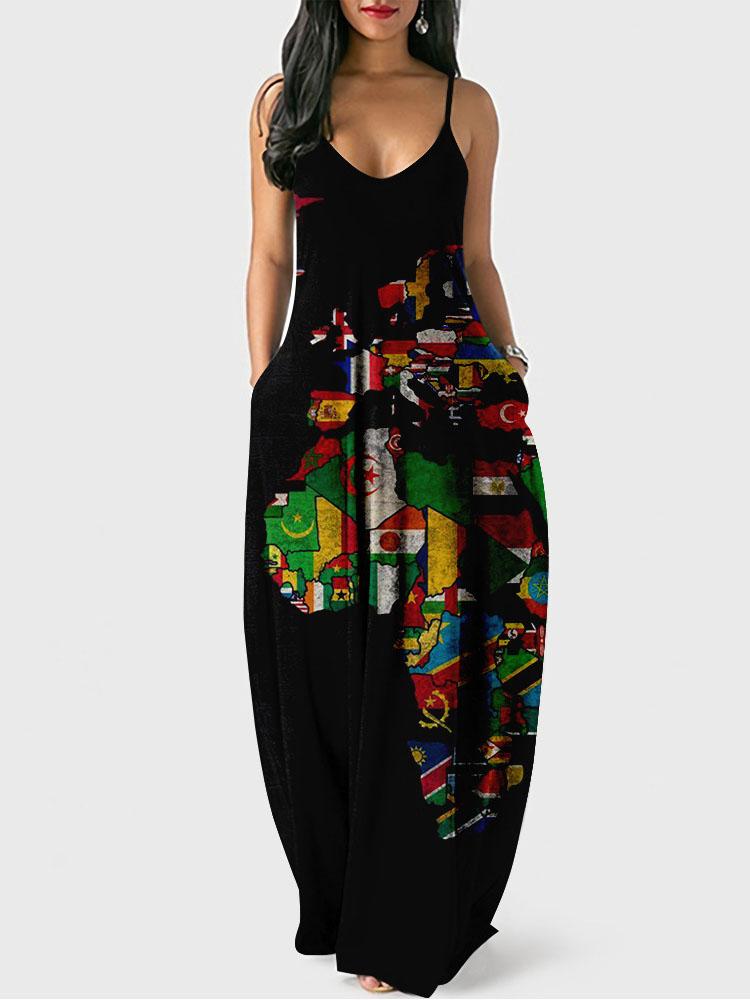 

Casual Dresses Elegant Map Print Loose Long Dress Women O-neck Pocket Party 2022 Summer Sexy Off Shoulder Sleeveless Beach, 07 black red