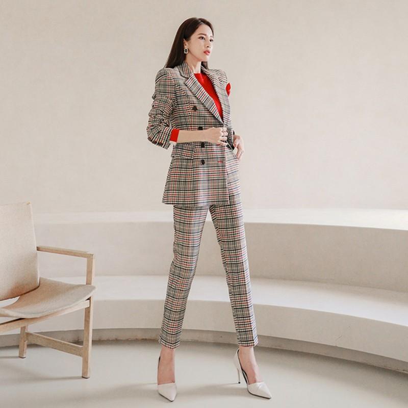 

Women' Two Piece Pants Elegant Women Plaid Blazer Suit Autumn Winter Office Ladies Notched Double Breasted Jacket & Slim Wear Sets, Picture color