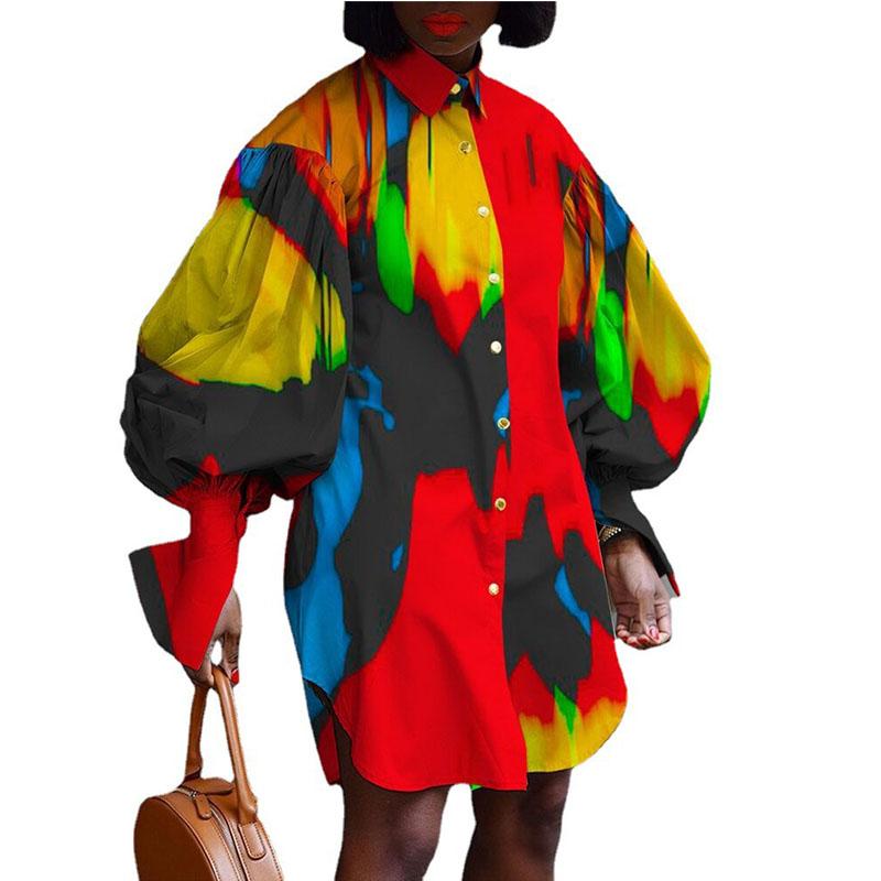

Plus Size Dresses Temperament Commuter Single-breasted Open Collar Long-sleeved Printed Outing Shirt Dress Ropa Mujer Talla Grande, Multi