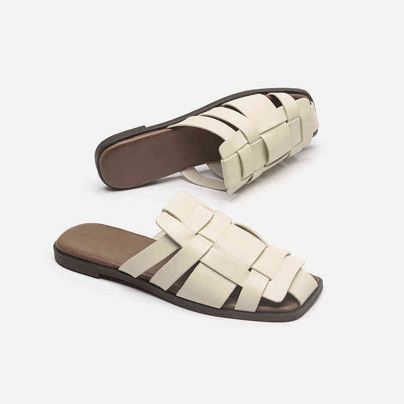 

2022 spring and summer new style semi Baotou slippers small with casual woven flat bottom sandals for women, Wine