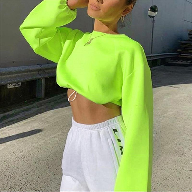 

Women' Hoodies & Sweatshirts Autumn Neon Green Long Sleeve O-neck Crop Top Lady Solid Streetwear Loose Bottom Drawstring Pullovers 2022Wome, White