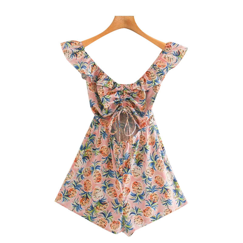 

Women Chic Fashion Pineapple Print Hollow Out Playsuits Vintage Backless Elastic Drawstring Female Short Jumpsuits 210521, As picture