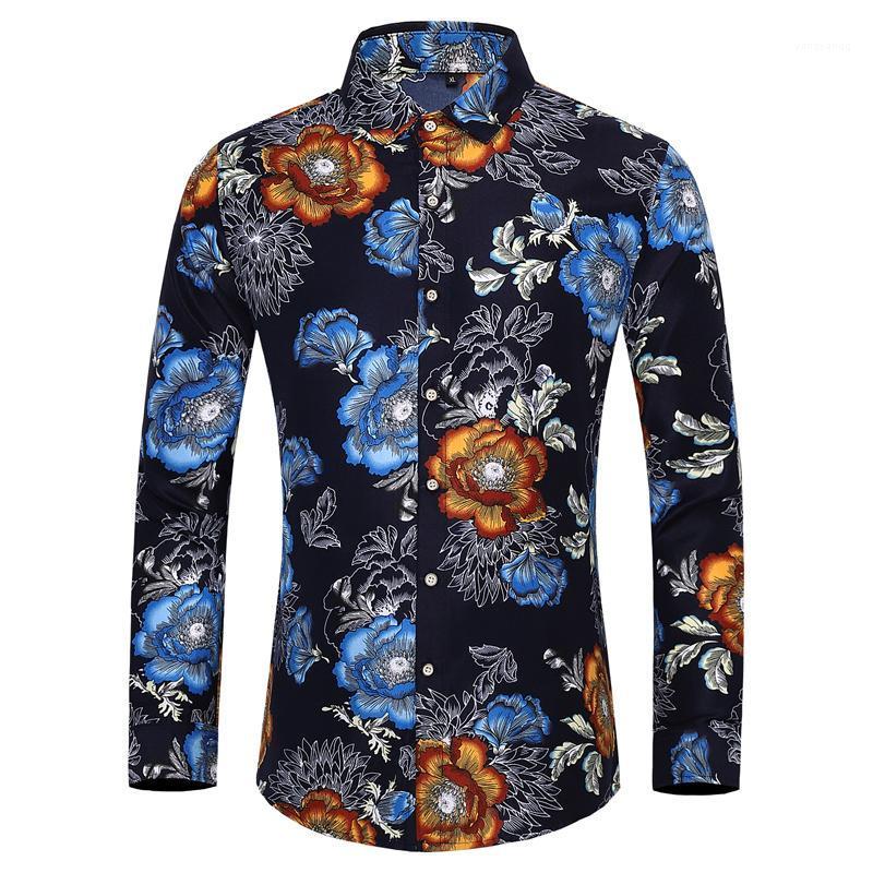 

Fashion Printed Hawaiian Beach Shirt For Men Long Sleeve Aloha Shirts Casual Holiday Vacation Floral Blouse 6XL 7XL Men's, 402 navy