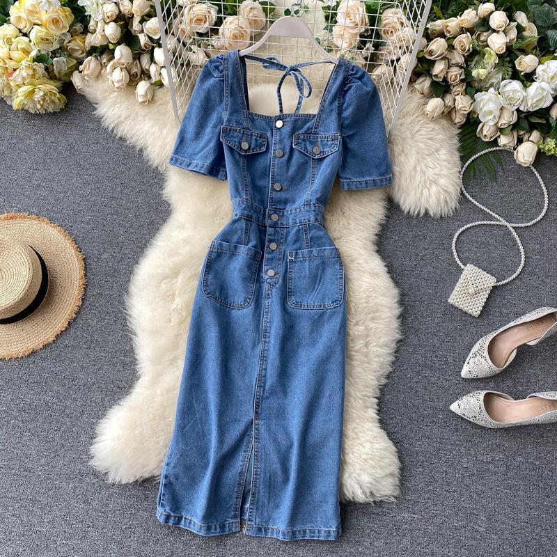 

Party Dresses Summer Fashion Split Denim Dress Package Hip Puff Sleeve Single-breasted Women Slim Square Collar Jeans, Blue