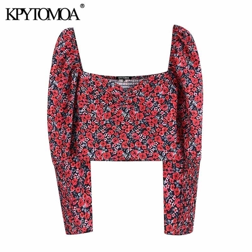 

KPYTOMOA Women Fashion Floral Print Cropped Blouses Vintage V Neck Long Sleeve Back Elastic Female Shirts Chic Tops 220402, As picture