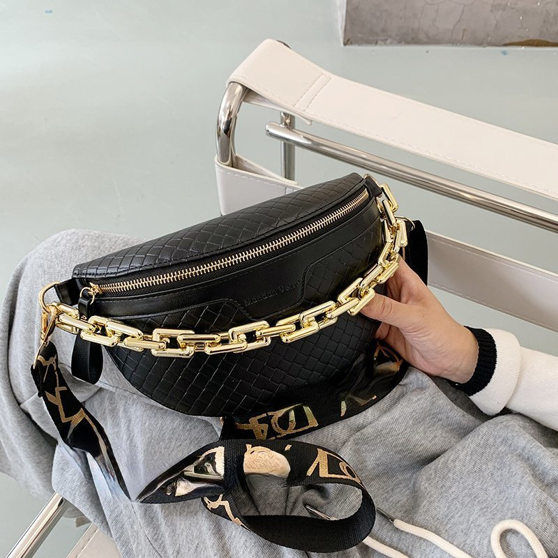 

Plaid PU Thick Chain Diagonal Chest Bag Female, White gold