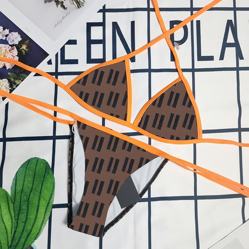 

Printed Women Sexy Swimsuit Summer Halter Top Ladies Bikini Letter Pool Party Bathing Suit for Female, Brown