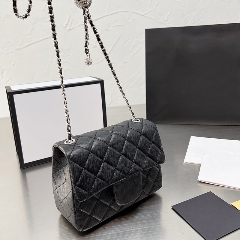 

17CM Classic Mini Flap Pearly Shiny Color Caviar Leather Bags Quilted Square Silver Metal Hardwre Matelasse Chain Crossbody Shoulder Purse, Box