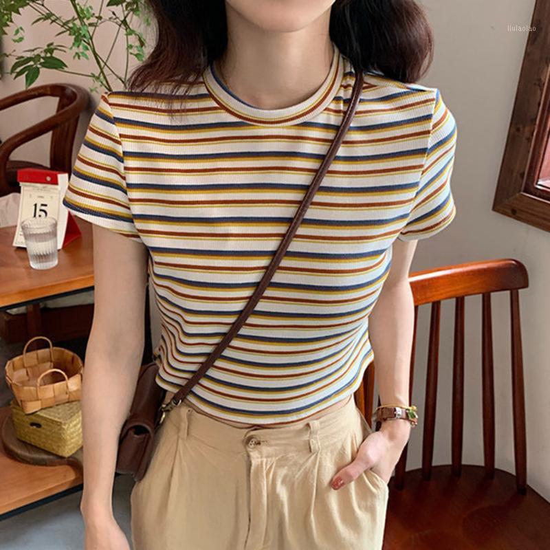 

Fashion Striped Slim Blouse Shirt Sexy O-Neck Crop Tops Casual 2022 Summer Ladies Top Female Women Short Sleeve Blusas Pullover Women's Blou, Yellow