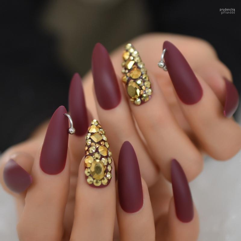 

False Nails Matte Brown Nail Art Tips Gold Sharp Punk Stiletto Sets Rhinestone Full Cover Long Prud22, L5010