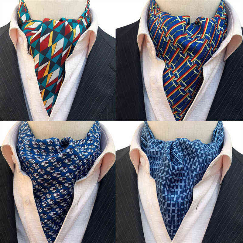 

Blue Ascot Tie Man Green Bands Polyester Gold Silk Paisley Wedding Groom Scarf a138 L220728