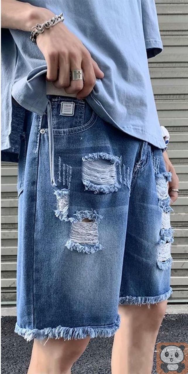 

Ripped Denim Shorts Men's Loose Trendy Outer Wear Fifth Pants Brand 5 Points Pirate Breeches Summer Thin Jeans, Dark blue