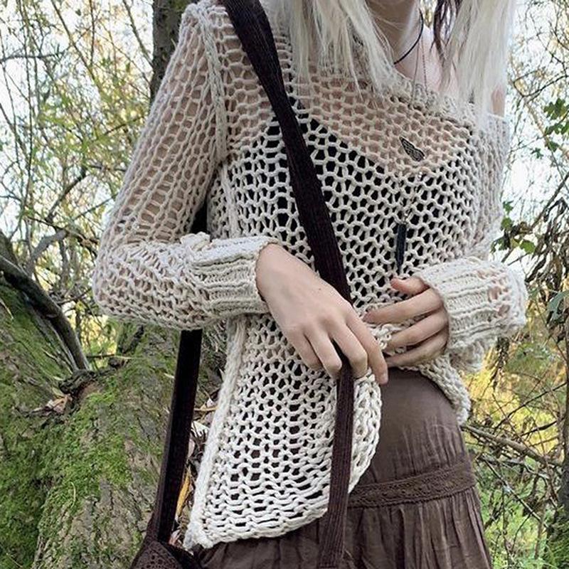 

Women' Sweaters Vintage Knitted Hollow Out Pullovers Cover Up Tees Y2k Baggy 2022 Women Harajuku Retro StreetwearWomen, White
