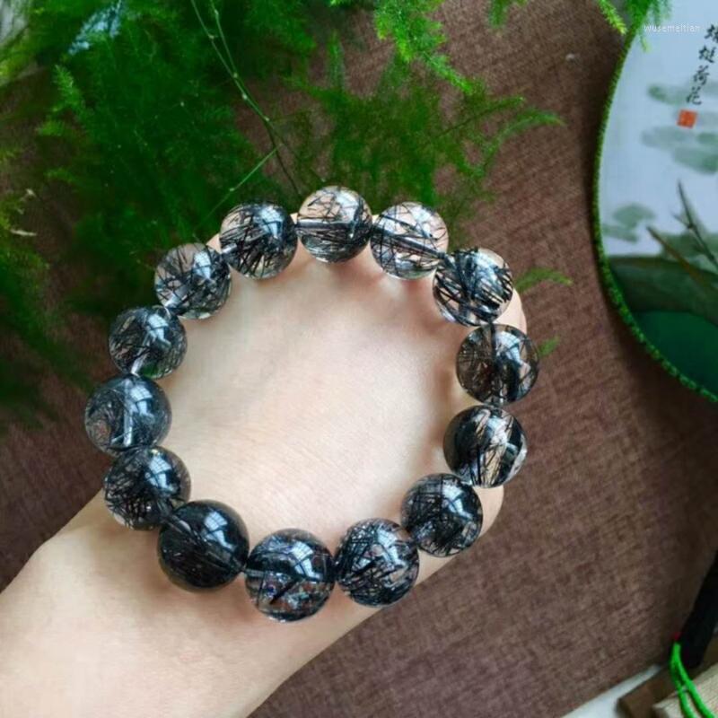 

Beaded Strands Top Quality Genuine Brazilian Natural Black Hair Rutilated Quartz Women Man Transparent Round Bead Stretch Bracelet 16mmBeade