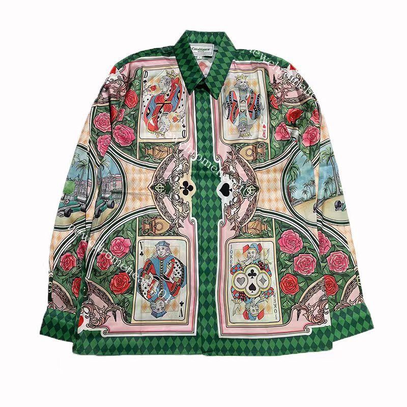 

Casablanca King playing card printed silk long sleeved shirt for men and women loose British shirts, Beige