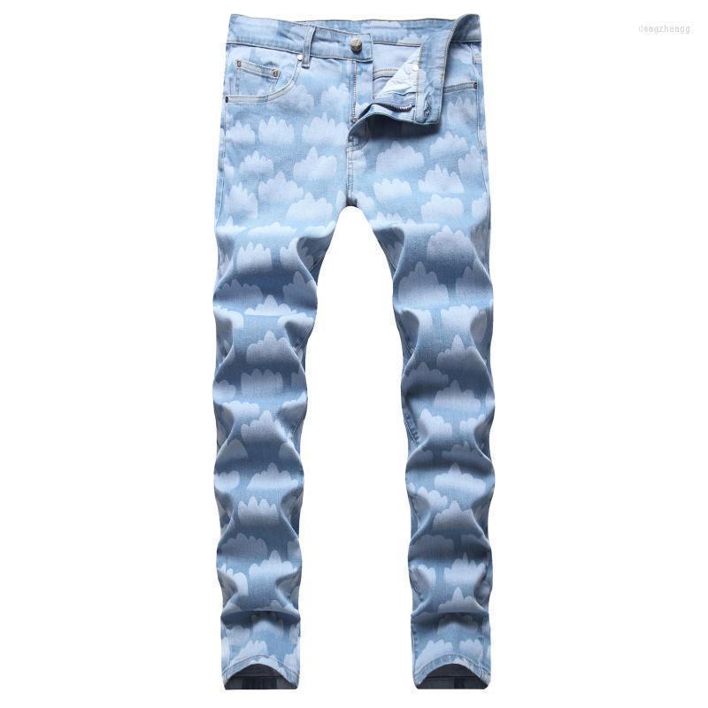 

Men's Jeans Printed Blue Sky White Cloud Straight Leg Light Color Trousers, 7116