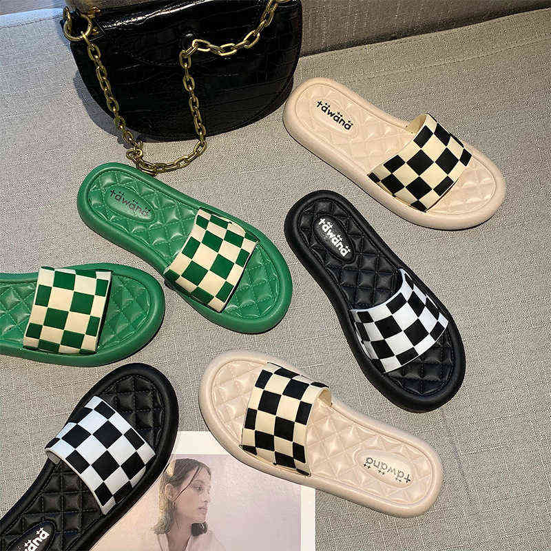 

2022 Women's Slippers Net Red Black-and-white Checkerboard Flat Bottomed Outdoor for Leisure Wear Anchor, Green