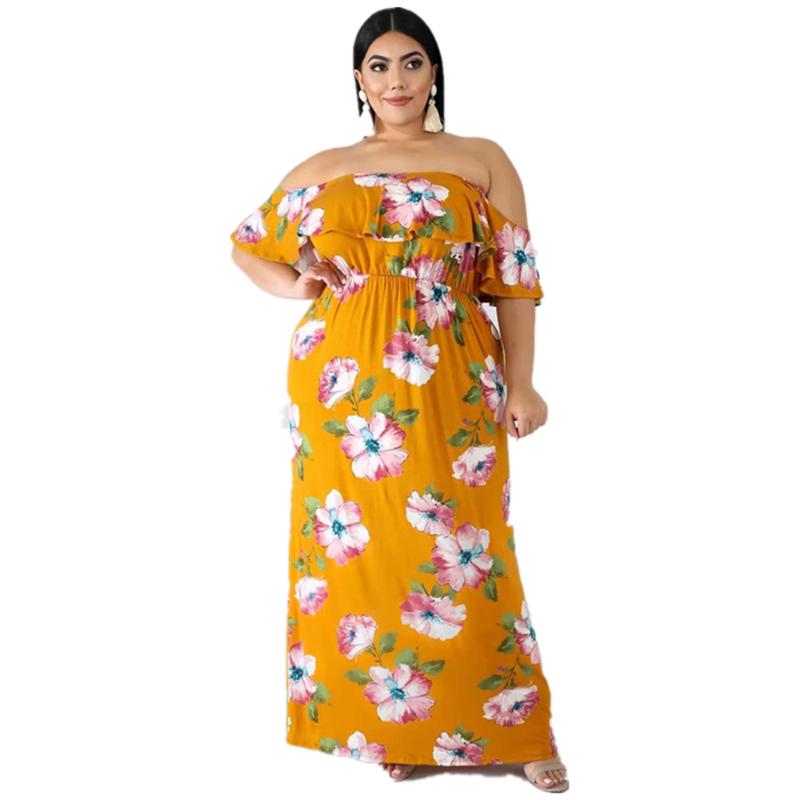 

Plus Size Dresses Summer European And American Style Slash Neck Full MM Short Bohemia Printed Dress For WomenPlus, Yellow