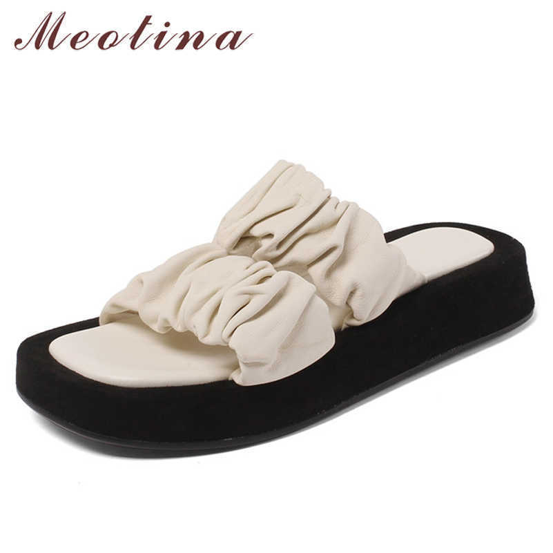 

Meotina Slippers Shoes Women Natural Genuine Leather Sandals Flat Platform Slides Square Toe Sheepskin Ladies Footwear Summer 210608, Black