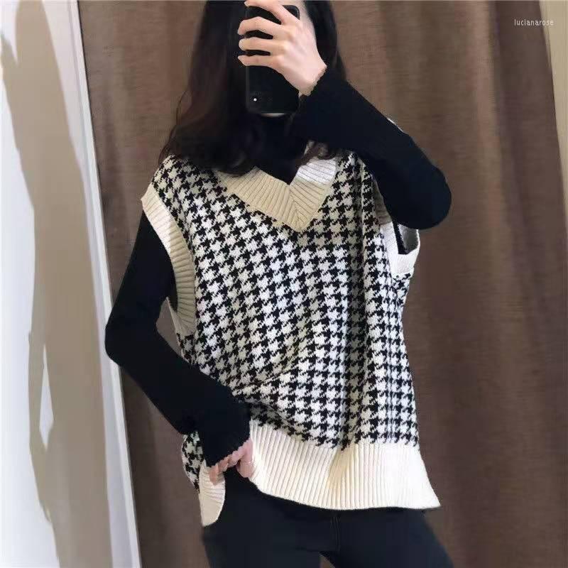 

Women's Vests Spring/Autumn Loose Oversized Knitted Ladies Sweater Vest Women Casual V-neck Plaid Sleeveless Sweaters Chic Tops 2022 Luci22, Black