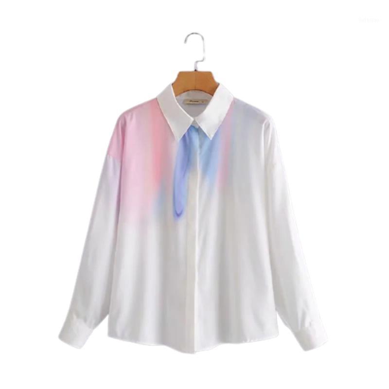 

Women' Blouses & Shirts Women 2022 Fashion Tie-Dyed Elegant Vintage Lapel Collar Long Cuffed Sleeves Female Chic Tops, Multi