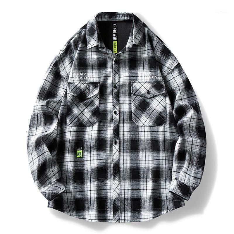 

Men's Casual Shirts Autumn Winter Plaid Classic Long Sleeve Loose Coat Pocket Streetwear Japanese Trend Hiphop Top Male Clothes -4XL, Orange