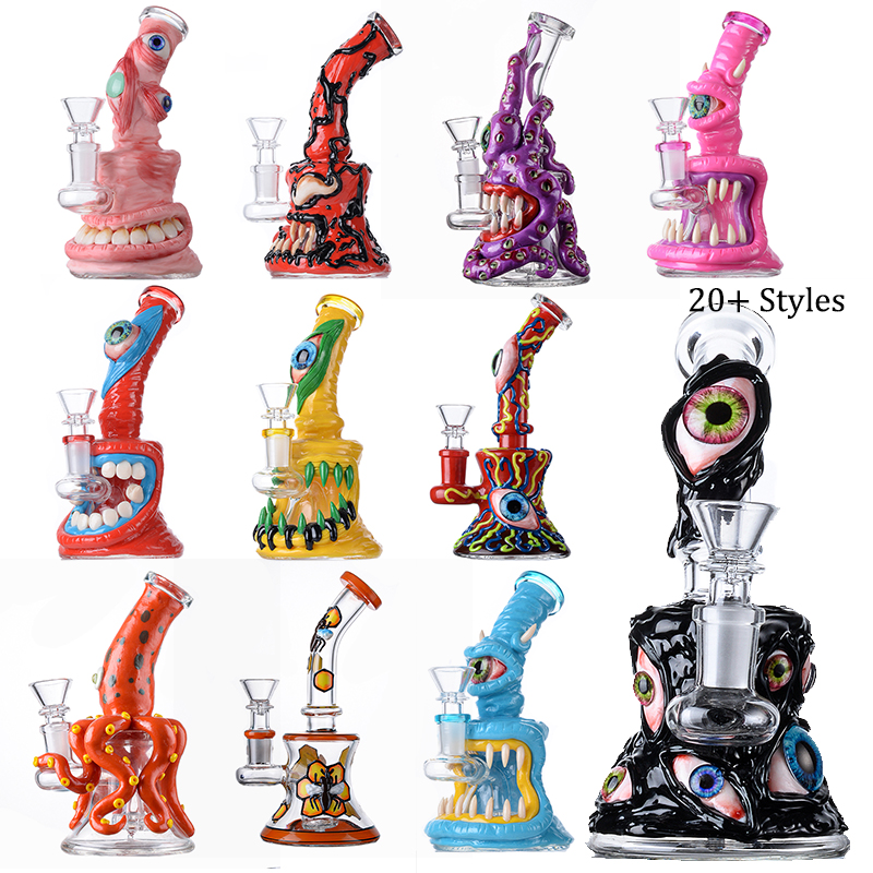 

Uniqe Style Halloween Glass Bongs Hookahs Mini Small Oil Dab Rigs Beaker Showerhead Perc Percolator Eye Handcraft Water Pipes 14mm Joint With Bowl In Stock
