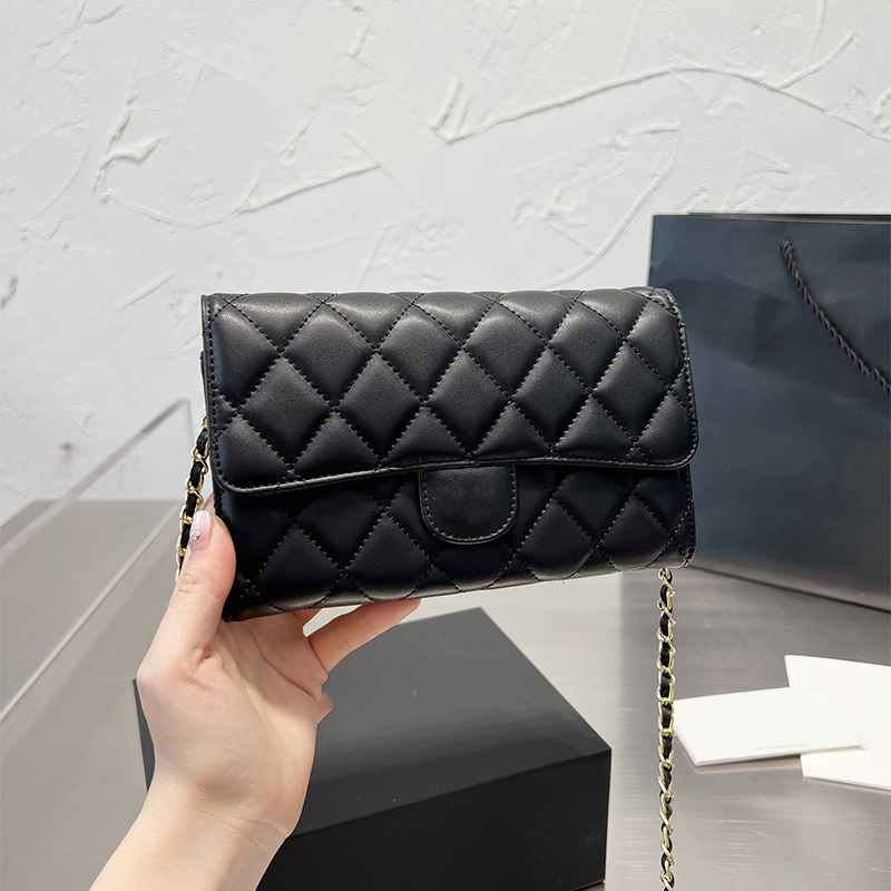 

2022 Women's Fashion Shoulder Bags Leather French Designer Bag High Quality Chain Diamond Quilted Luxury Crossbody Wallet Classic Handbag Card Holder Purse, Black