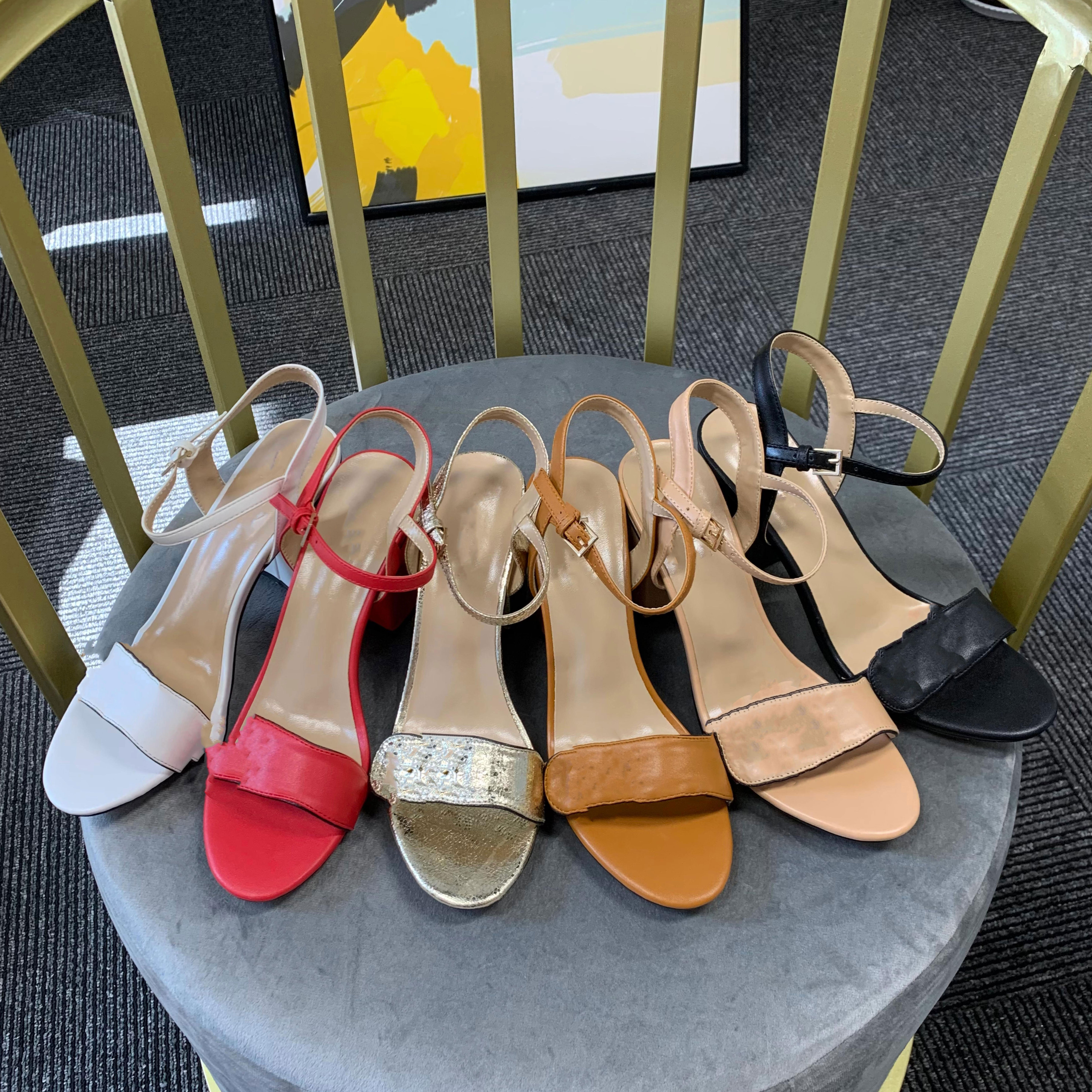 

Leather Mid Heel Sandals Fashion Women Letter Gold Metal Summer Designer Flat Womens Sandals Ankle Buckle Mid-Heel 7cm Rubber Outsole Shoes 34-42