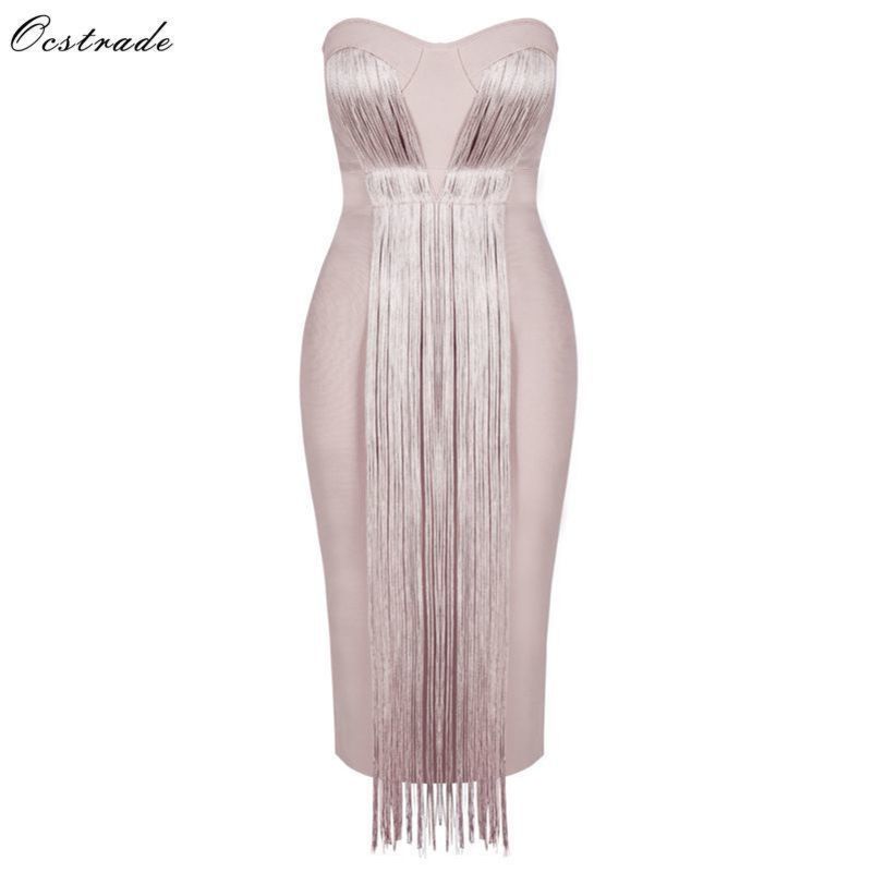 Ocstrade Summer Vestidos Bandage Femmes Midi Bandage Robe Rayonne Nude Gland Fringe Sexy Sans Bretelles Moulante Robe De Soirée Y200418