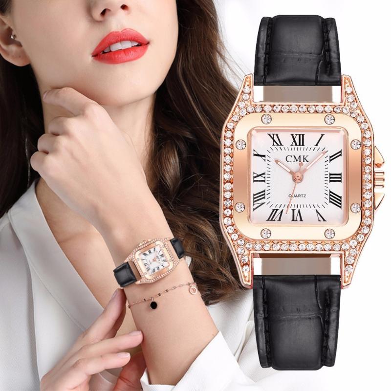 

Wristwatches Woman Watch Luxury Square Diamond Watches Women Minimalist Casual Dress Quartz Wristwatch Black Leather Clock Relojes Para Muje, Brown
