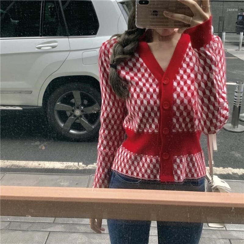 

Women' Jackets EWSFV 2022 Autumn Arrive Women Korean Style Knitwear Slim Short Coat Waist V-neck Plaid Full Sleeve Slimming Cardigan, Picture color