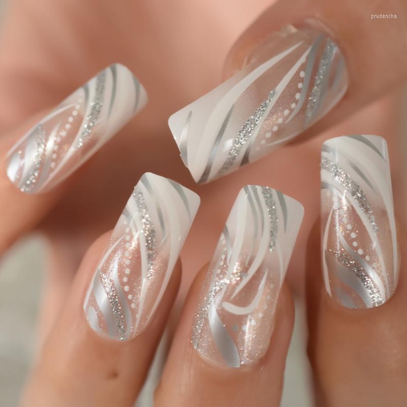 

False Nails Square Shaped Acrylic Silver Shimmer Glitter Gradient White French Fake Nail Salon Full Cover Art Tips Prud22
