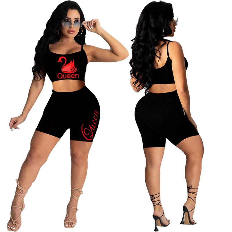 

Women' Tracksuits Women Fashion Print Tracksuit Summer 2 Pieces Crop Top And Shorts Set Ladies Matching SetWomen, Black
